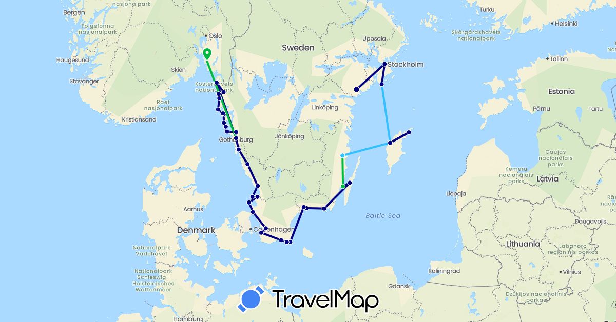 TravelMap itinerary: driving, bus, boat in Norway, Sweden (Europe)